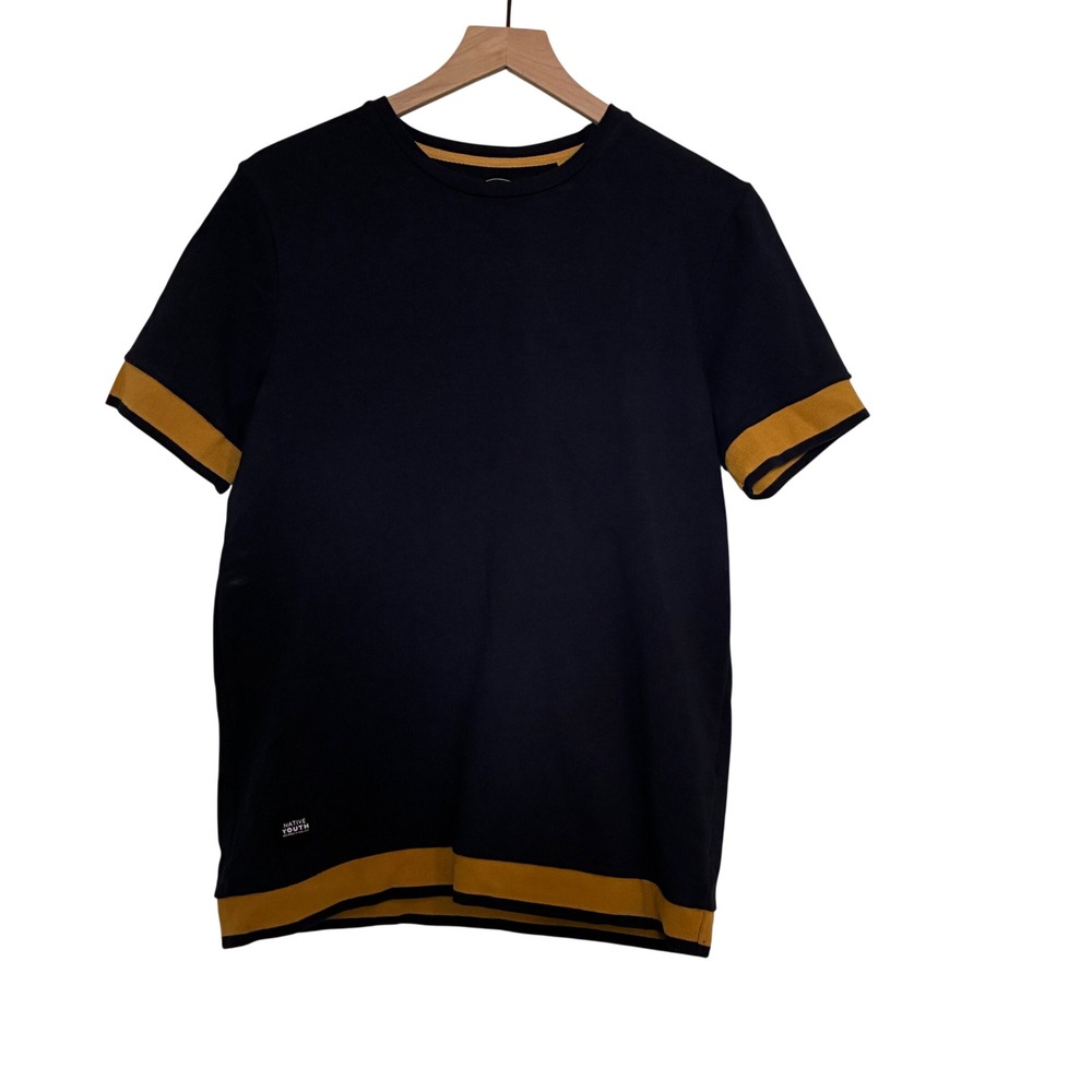 Native Youth Ringer Sweatshirt Tee Mens Size M Navy Blue Yellow Retro Streetwear